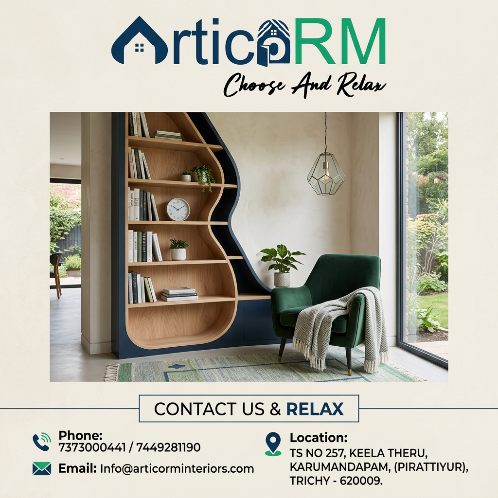 AI Design for use this picture for logo create a interior unique design design for instagram poster aspect ratio 4:5 size, company name ; Articorm interior contact number; 7373000441/7449281190 mailid;Info@articorminteriors.com location; TS NO 257, KEELA THERU, KARUMANDAPAM, (PIRATTIYUR), TRICHY - 620009. create unique and attract design