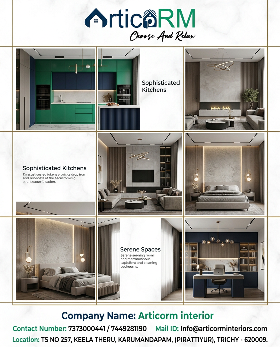 AI Design for use this picture for logo create a interior unique design design for instagram poster aspect ratio 4:5 size, company name ; Articorm interior contact number; 7373000441/7449281190 mailid;Info@articorminteriors.com location; TS NO 257, KEELA THERU, KARUMANDAPAM, (PIRATTIYUR), TRICHY - 620009. create unique and attract design for home owners use multiple image poster