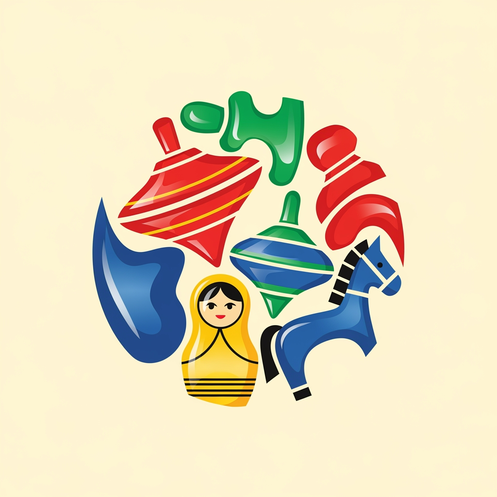 AI Design for create a logo for an art village of channapatna wooden toys. No writings. take toy shapes and forms
