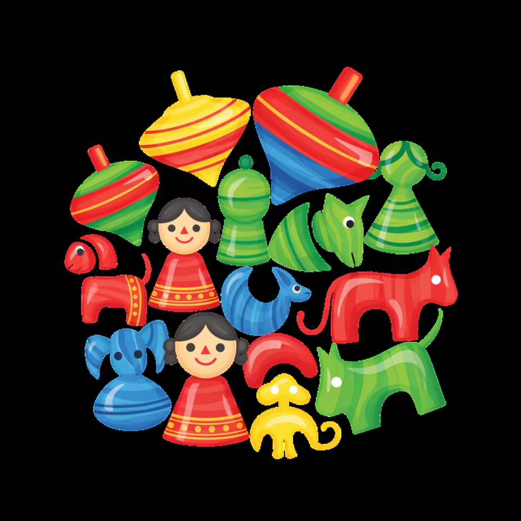 AI Design for create a logo for an art village of channapatna wooden toys. No writings. take toy shapes and forms