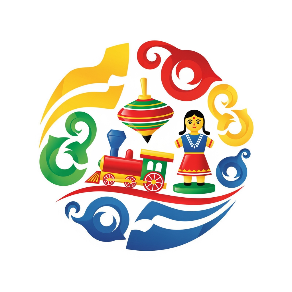 AI Design for create a logo for an art village of channapatna wooden toys. No writings. take toy shapes and forms
