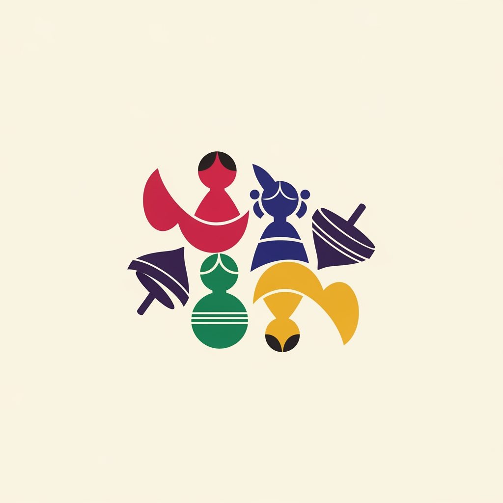 AI Design for create a logo for an art village of channapatna wooden toys. No writings. take toy shapes and forms. dont make it childish.