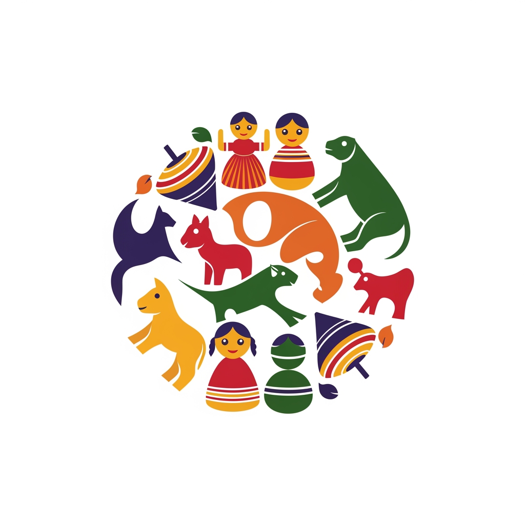 AI Design for create a logo for an art village of channapatna wooden toys. No writings. take toy shapes and forms. dont make it childish.
