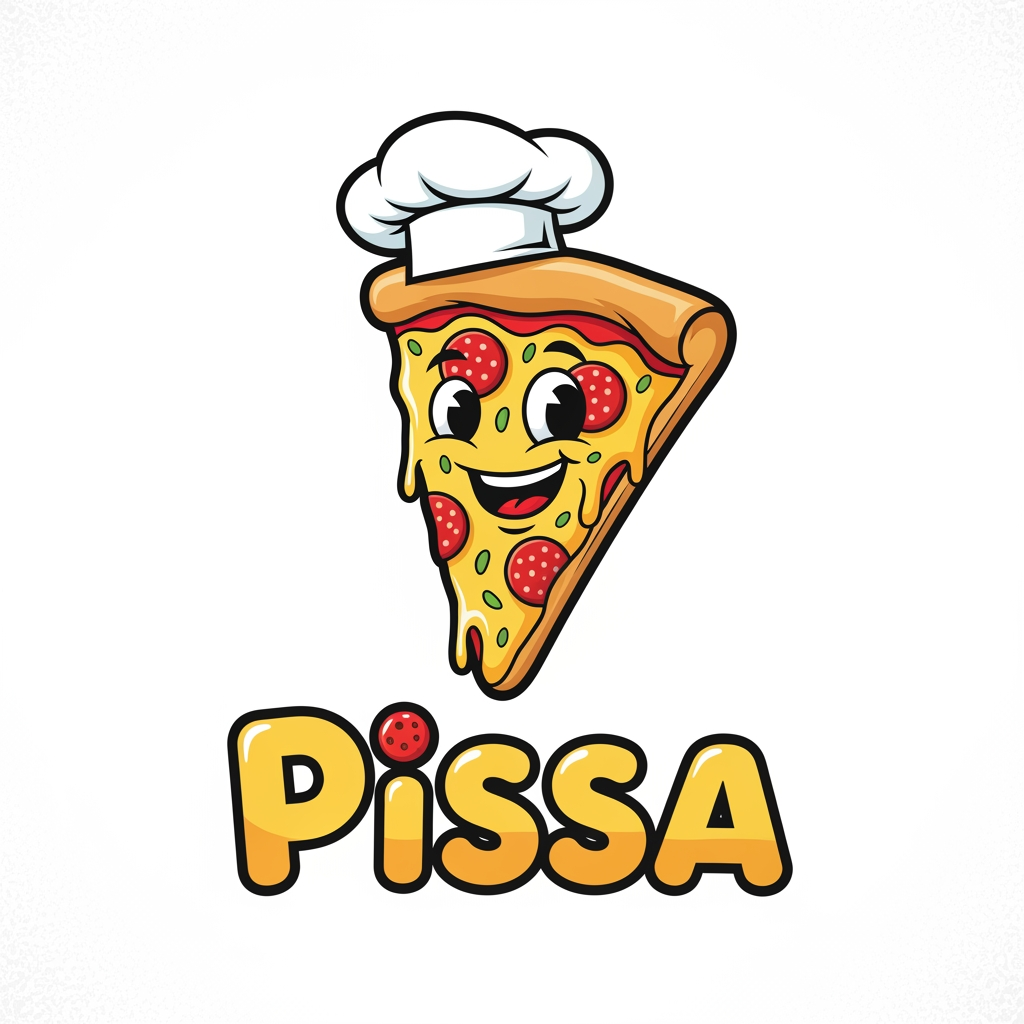 AI Design for maak een logo waar de mascote een pizza is en de naam is pissa