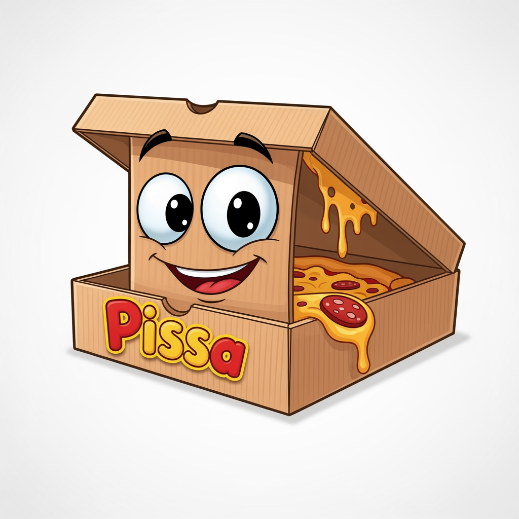 AI Design for maak een logo waar de mascote een pizza doos is en de naam is pissa