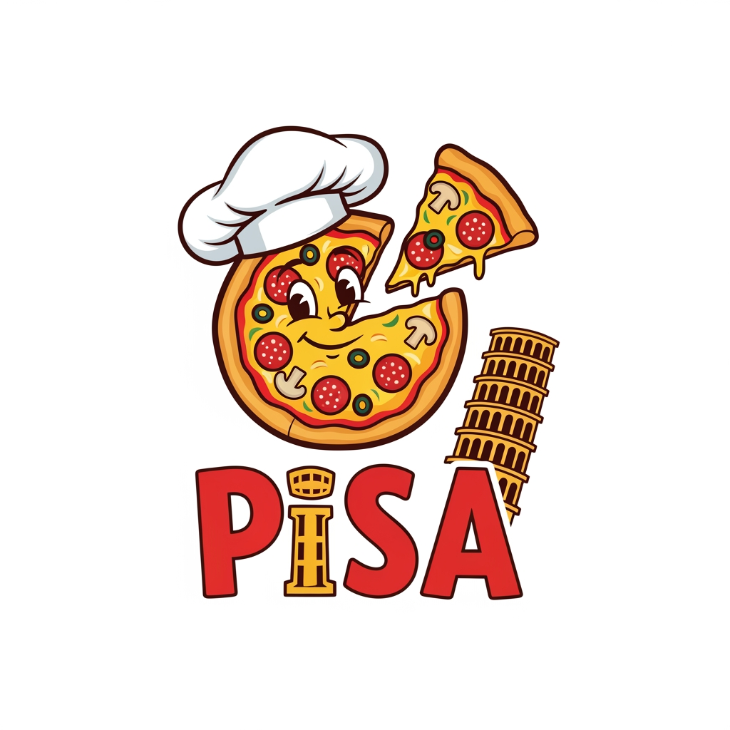 AI Design for maak een logo met een mascote die een pizza is en de naam is pisa