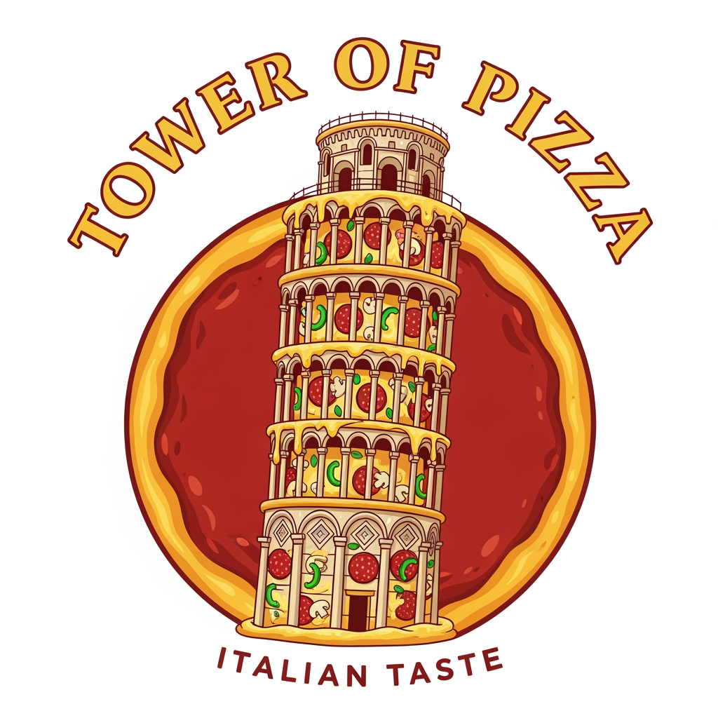 AI Design for maak een embleem waar er de toren van pizza is een pizza
