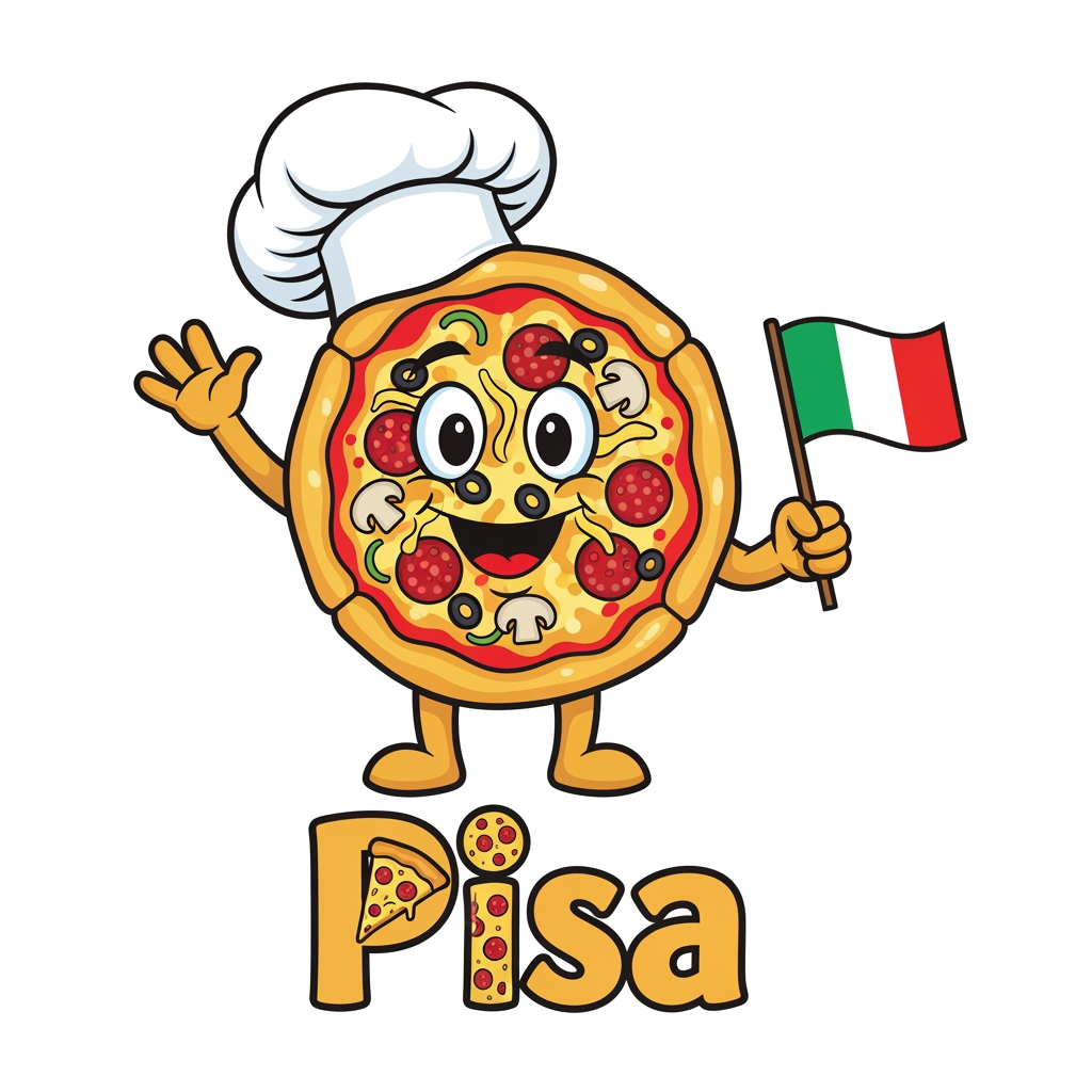 AI Design for maak een logo met een mascote die een pizza is en de naam is pisa