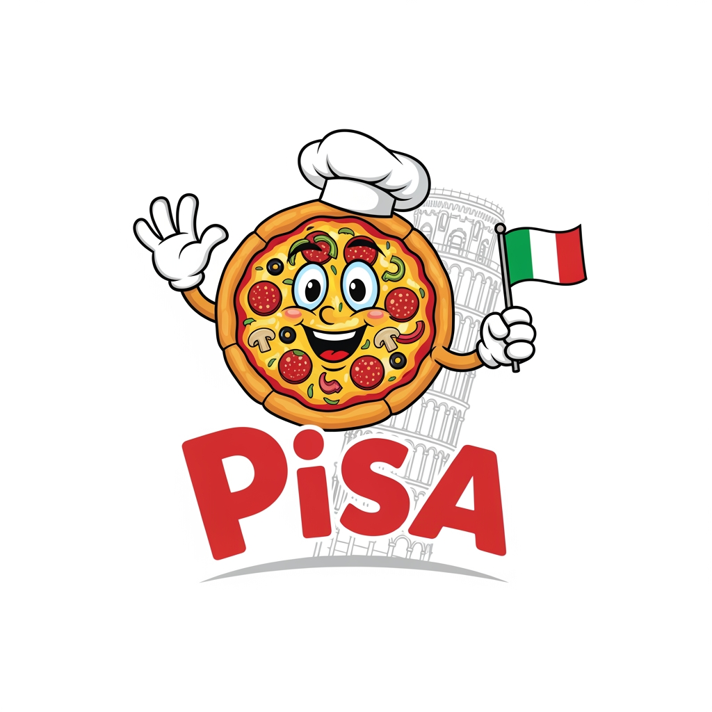 AI Design for maak een logo met een mascote die een pizza is en de naam is pisa
