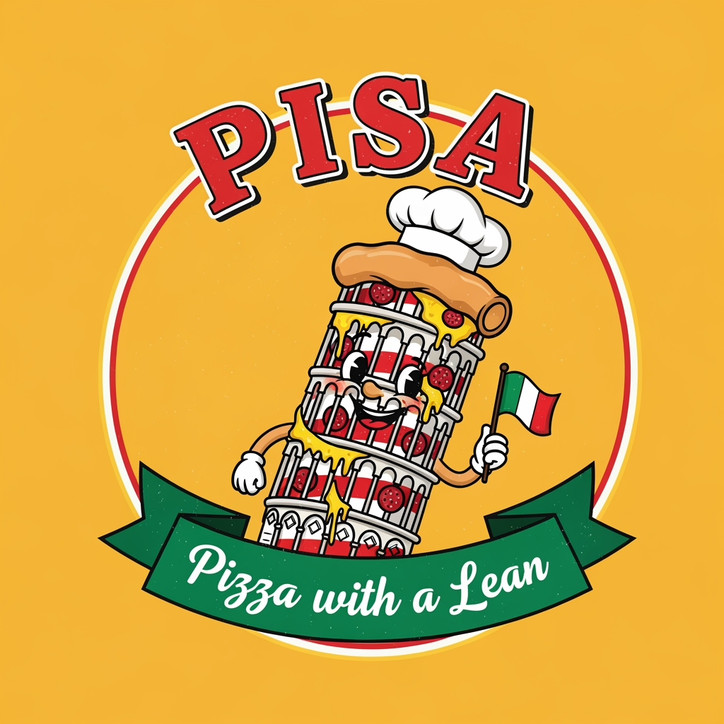 AI Design for maak een logo met een mascote die een pizza is en de naam is pisa