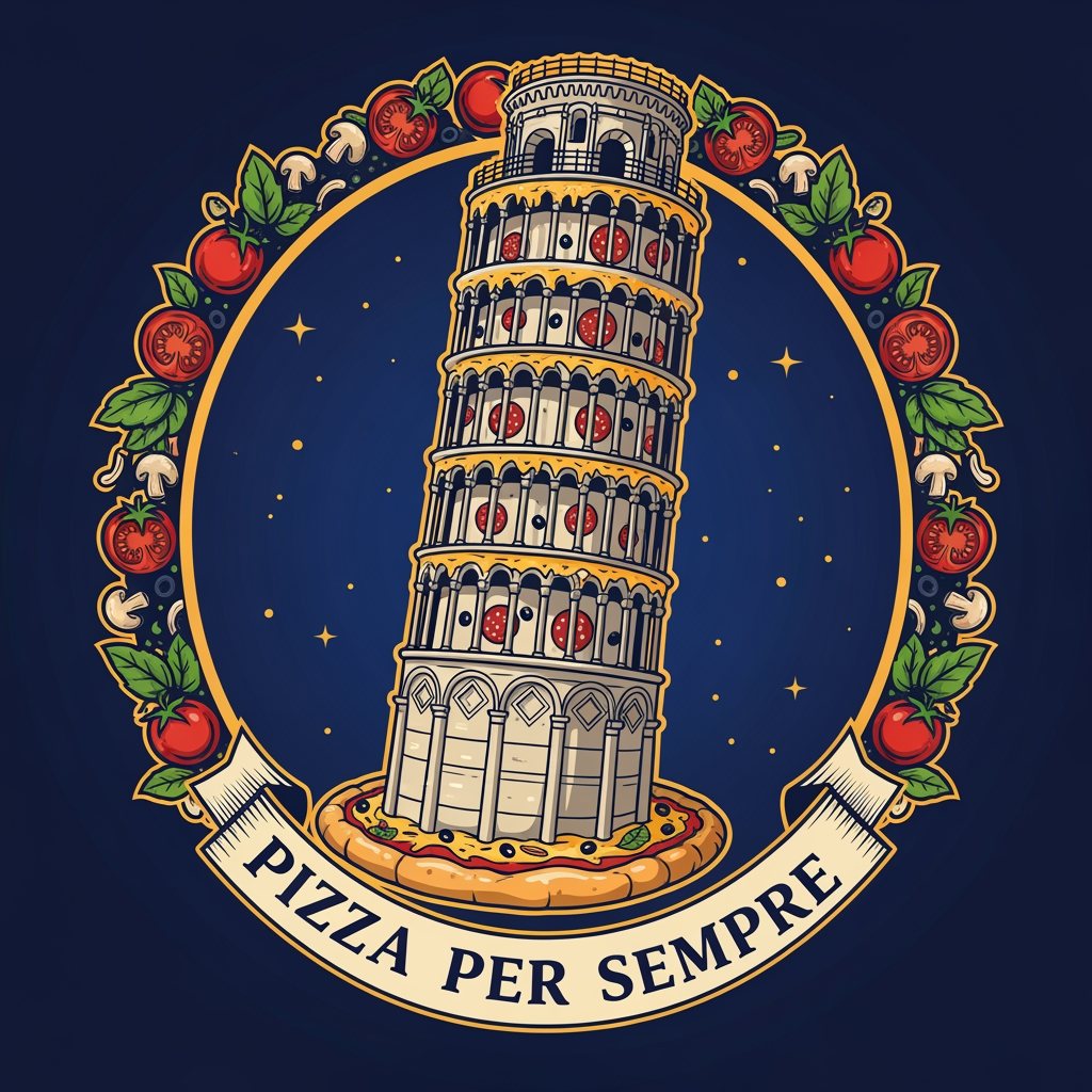 AI Design for maak een embleem waar er de toren van pizza is een pizza