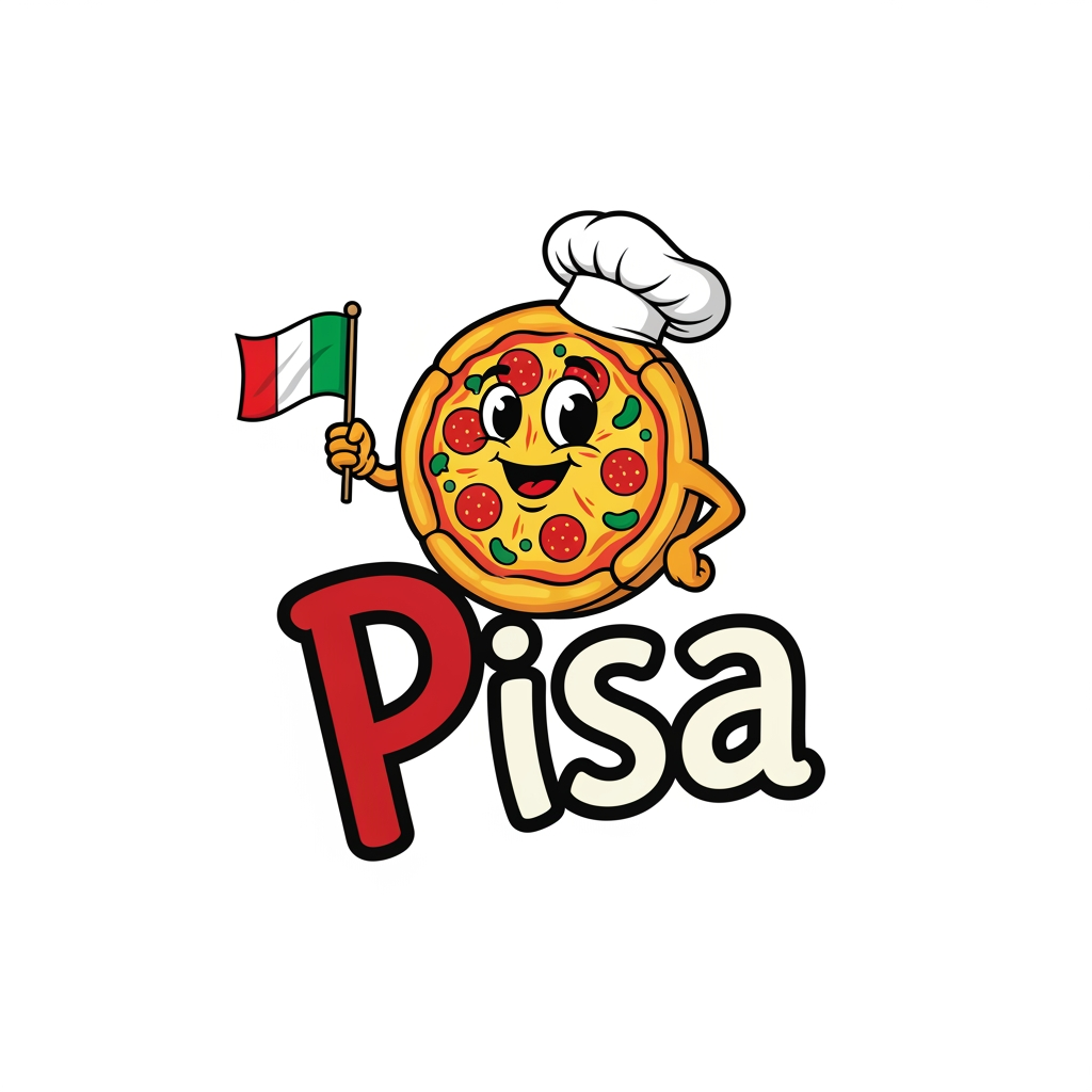 AI Design for maak een logo met een mascote die een pizza is en de naam is pisa