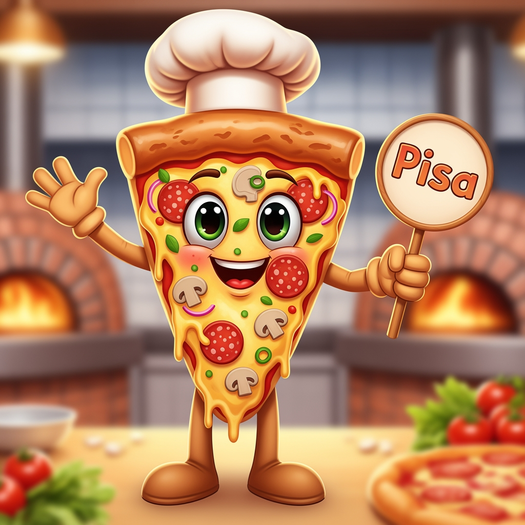 AI Design for maak een mascote die een pizza is en de naam is pisa
