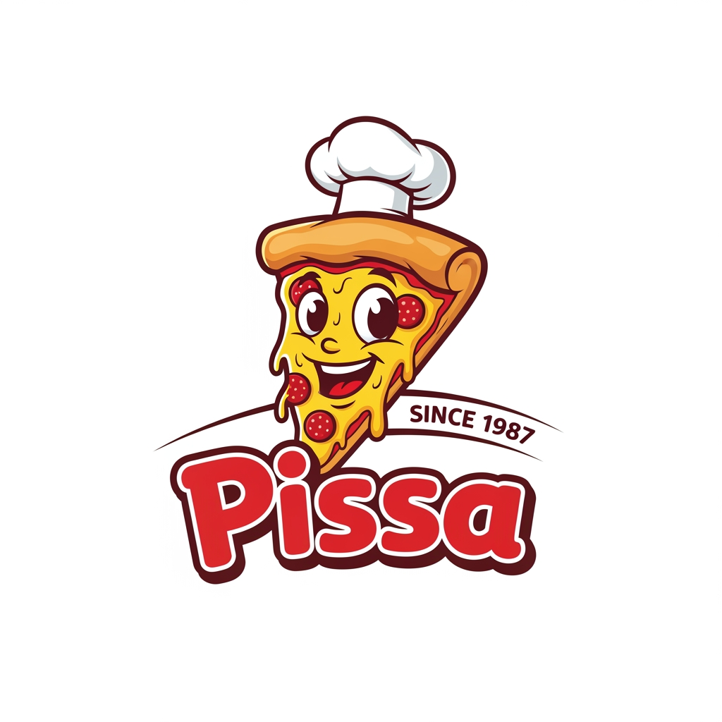 AI Design for maak een logo waar de mascote een pizza is en de naam is pissa
