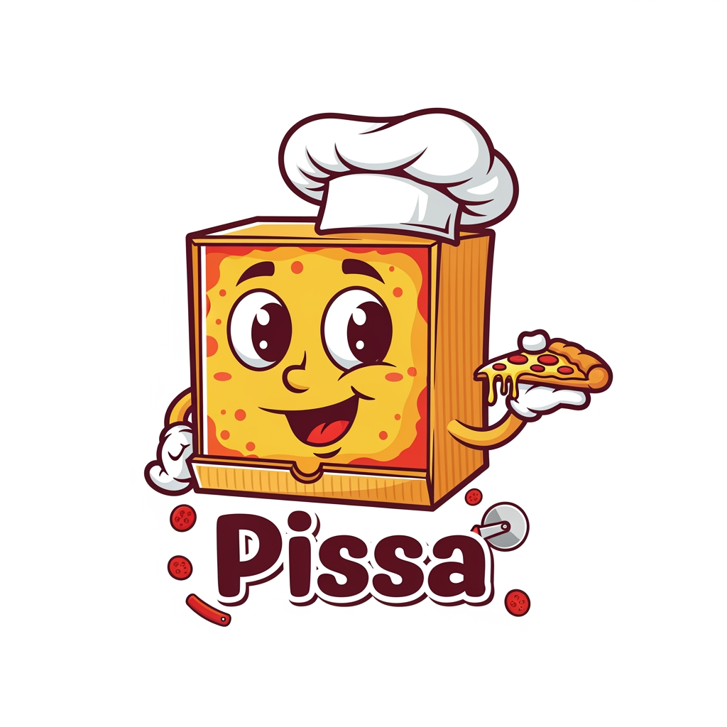 AI Design for maak een logo waar de mascote een pizza doos is en de naam is pissa