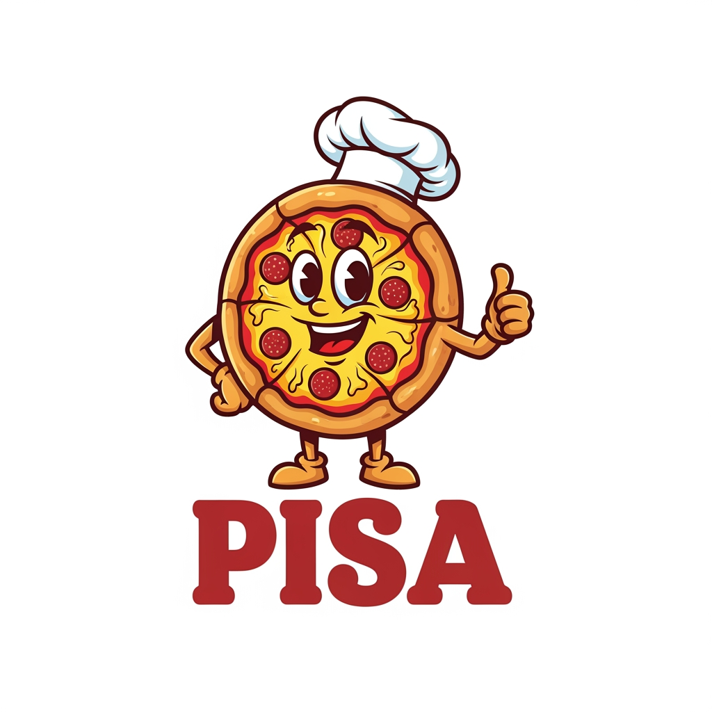 AI Design for maak een logo met een mascote die een pizza is en de naam is pisa