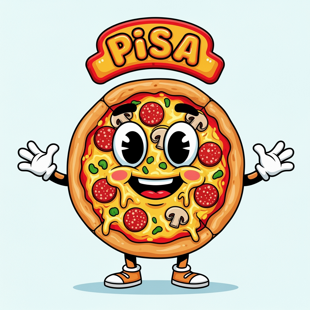 AI Design for maak een mascote die een pizza is en de naam is pisa