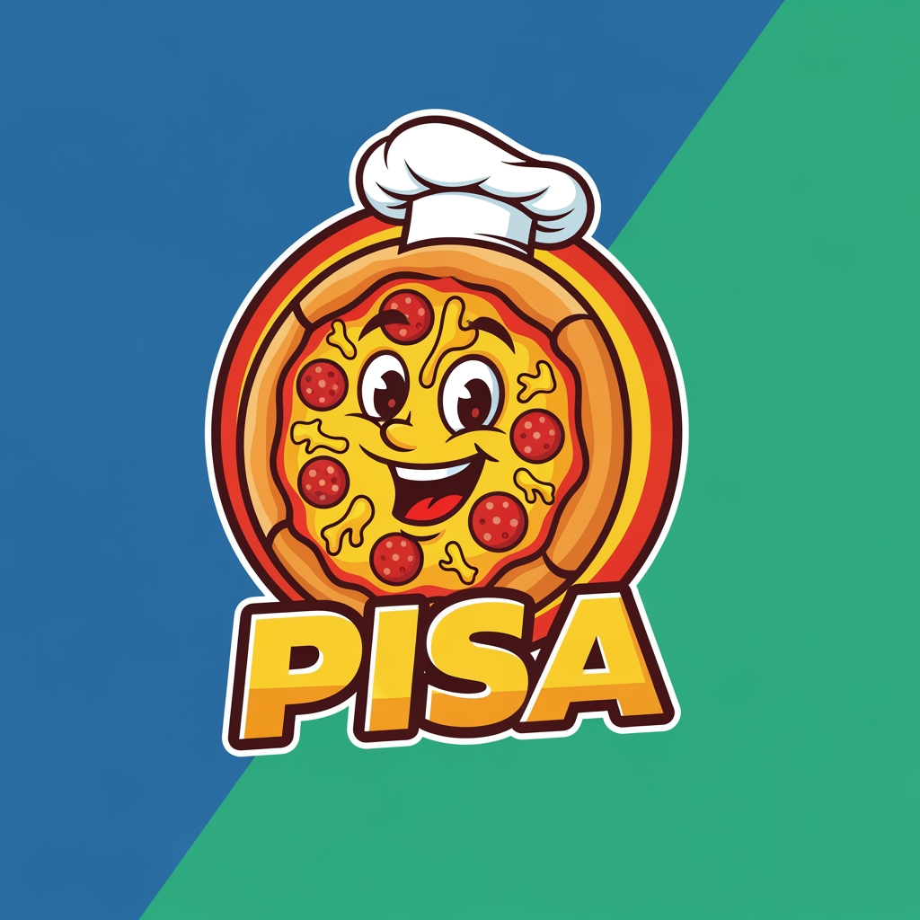 AI Design for maak een logo met een mascote die een pizza is en de naam is pisa