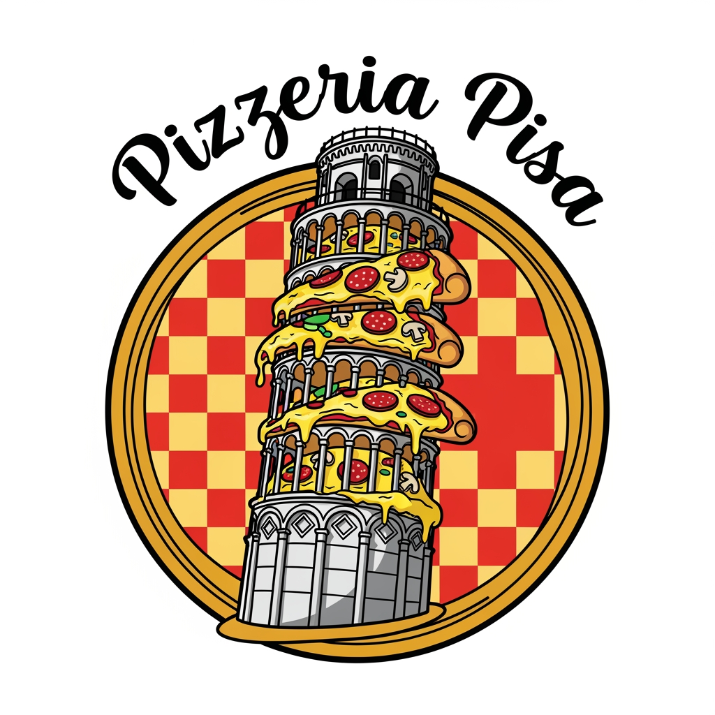 AI Design for maak een embleem waar er de toren van pizza is een pizza