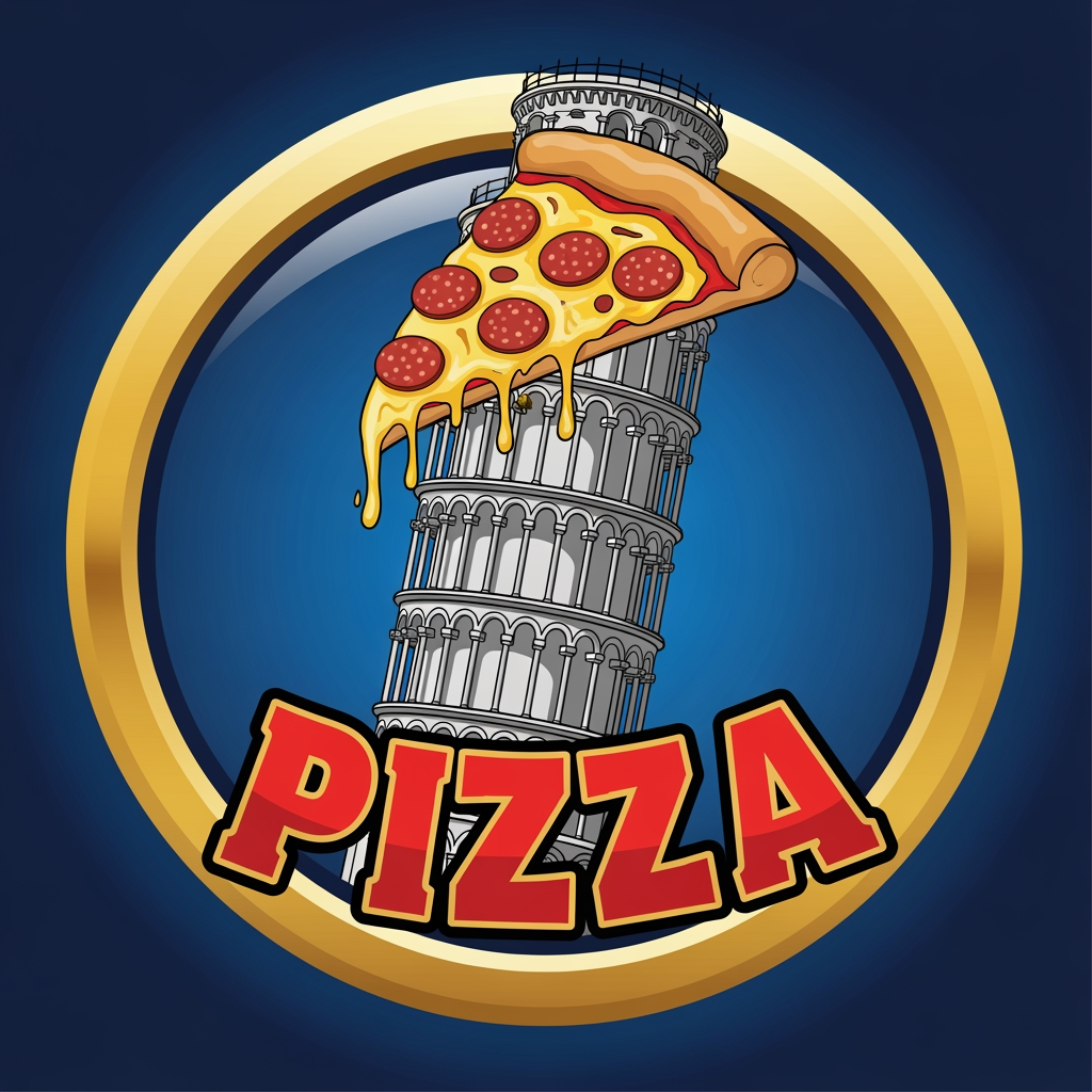 AI Design for maak een embleem waar er de toren van pizza is een pizza