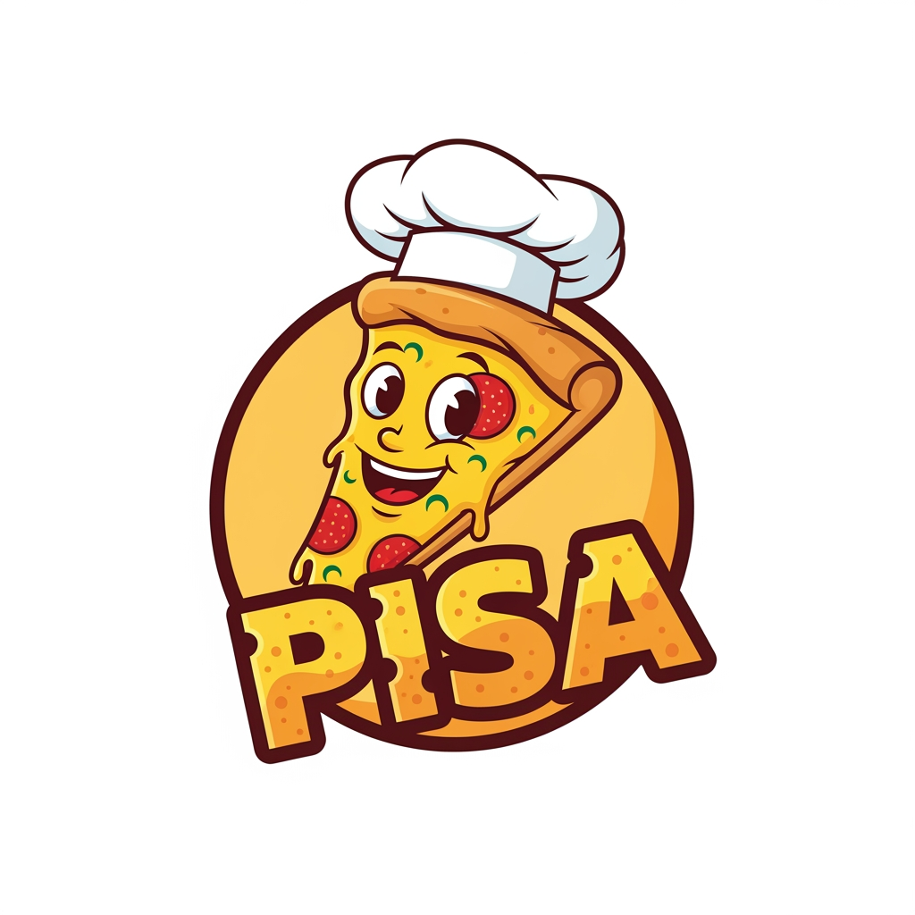 AI Design for maak een logo met een mascote die een pizza is en de naam is pisa