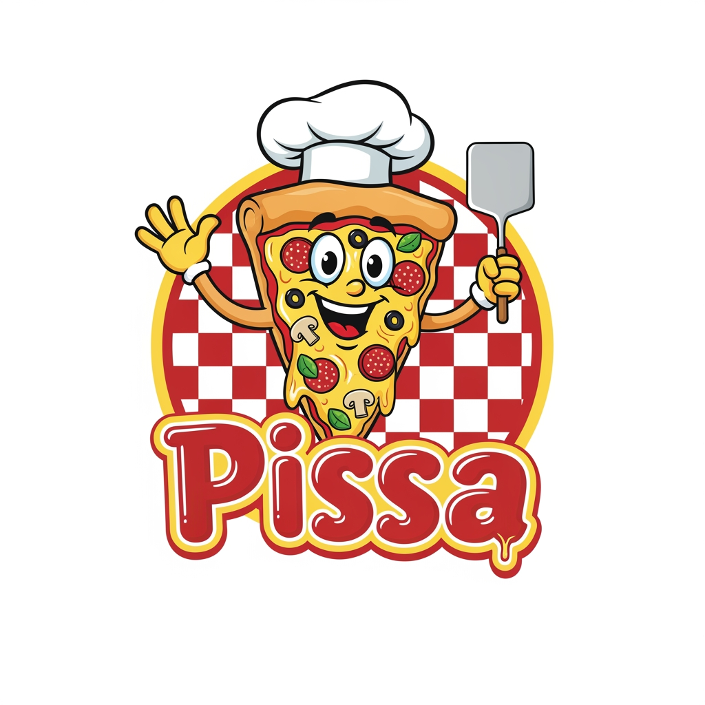 AI Design for maak een logo waar de mascote een pizza is en de naam is pissa