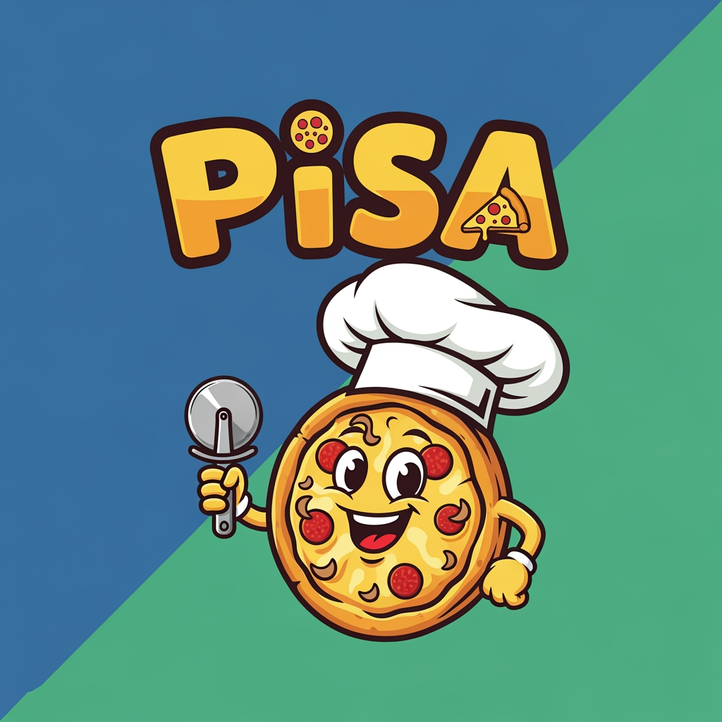 AI Design for maak een logo met een mascote die een pizza is en de naam is pisa