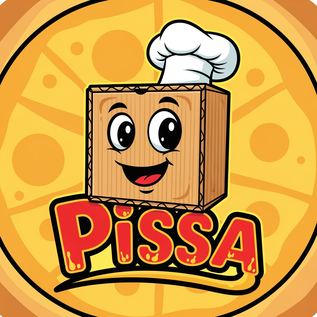 AI Design for maak een logo waar de mascote een pizza doos is en de naam is pissa