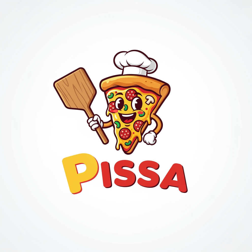 AI Design for maak een logo waar de mascote een pizza is en de naam is pissa