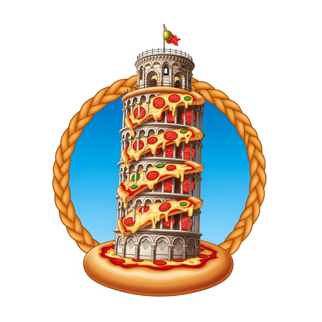 AI Design for maak een embleem waar er de toren van pizza is een pizza