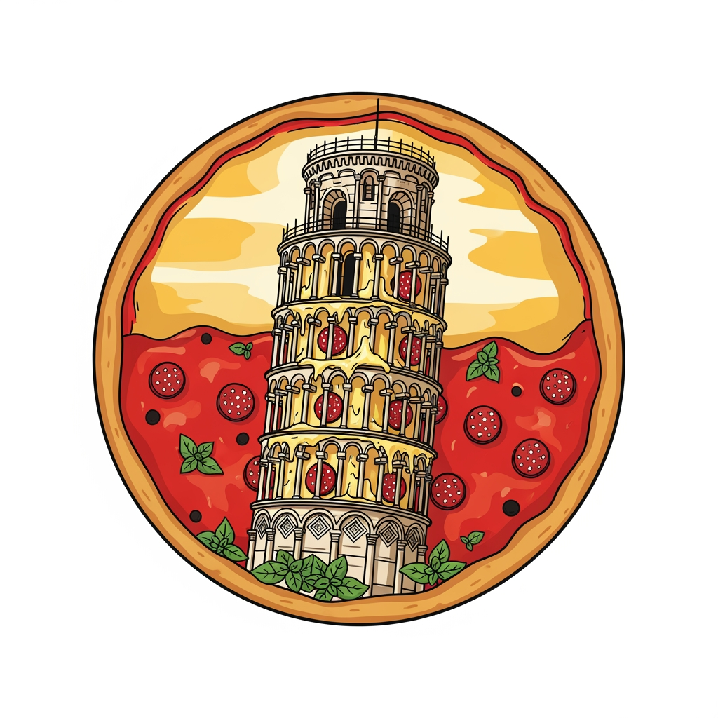 AI Design for maak een embleem waar er de toren van pizza is een pizza