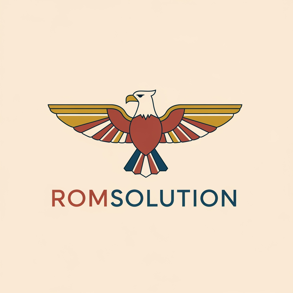 AI Design for make an logo with a mascotte and make the name romsolution make it greek design and make the mascotte a eagle but make it simple