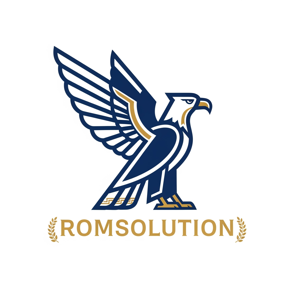 AI Design for make an logo with a mascotte and make the name romsolution make it greek design and make the mascotte a eagle but make it simple
