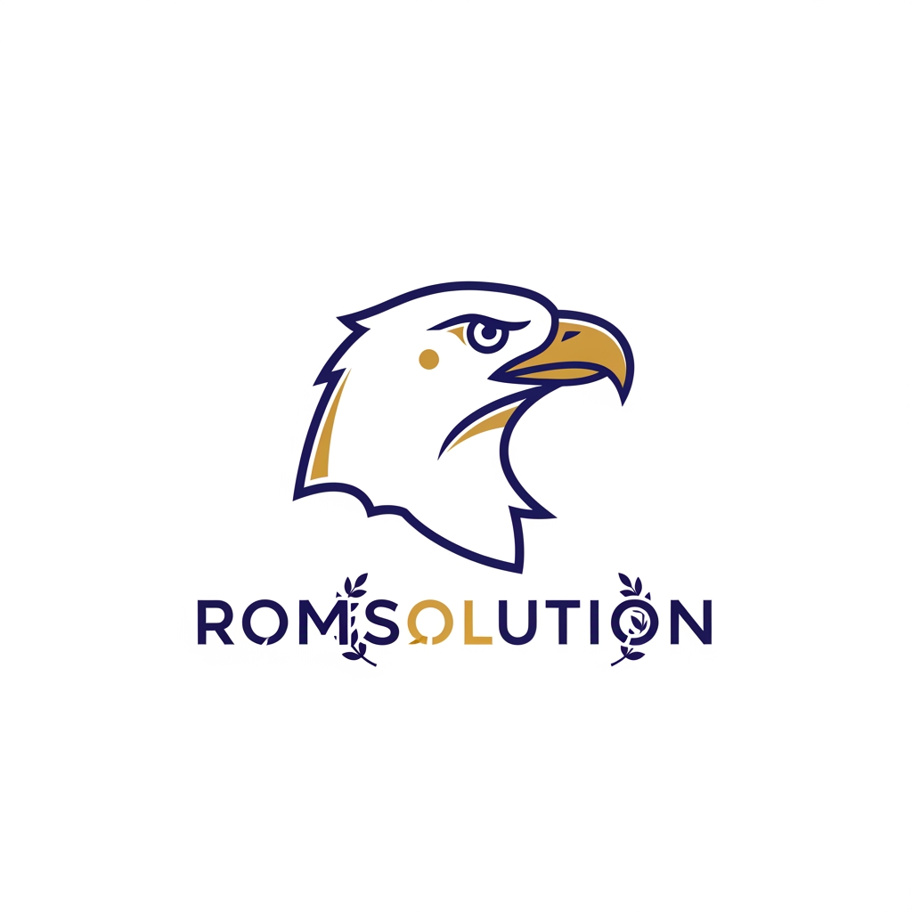 AI Design for make an logo with a mascotte and make the name romsolution make it greek design and make the mascotte a eagle but make it simple
