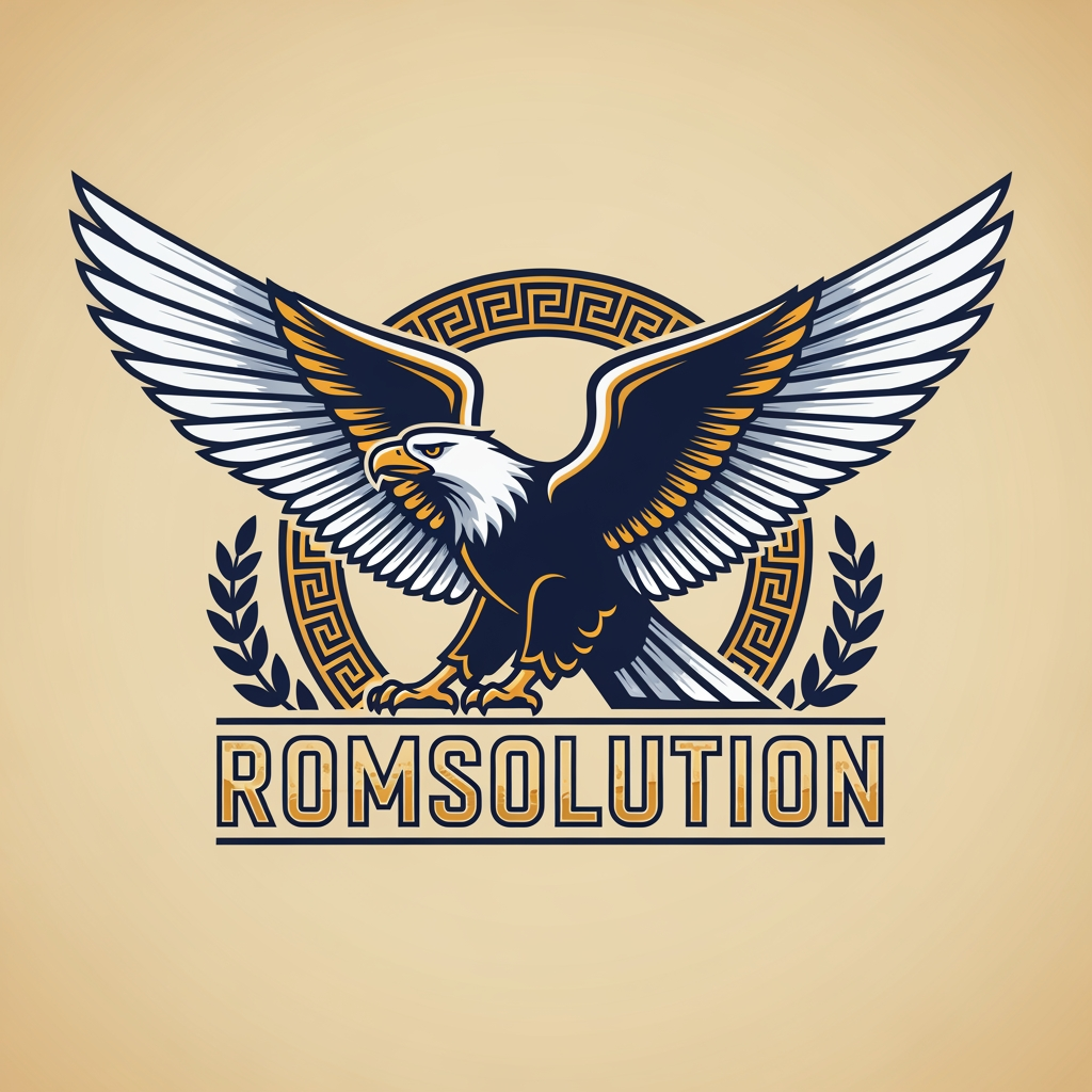 AI Design for make an logo with a mascotte and make the name romsolution make it greek design and make the mascotte a eagle