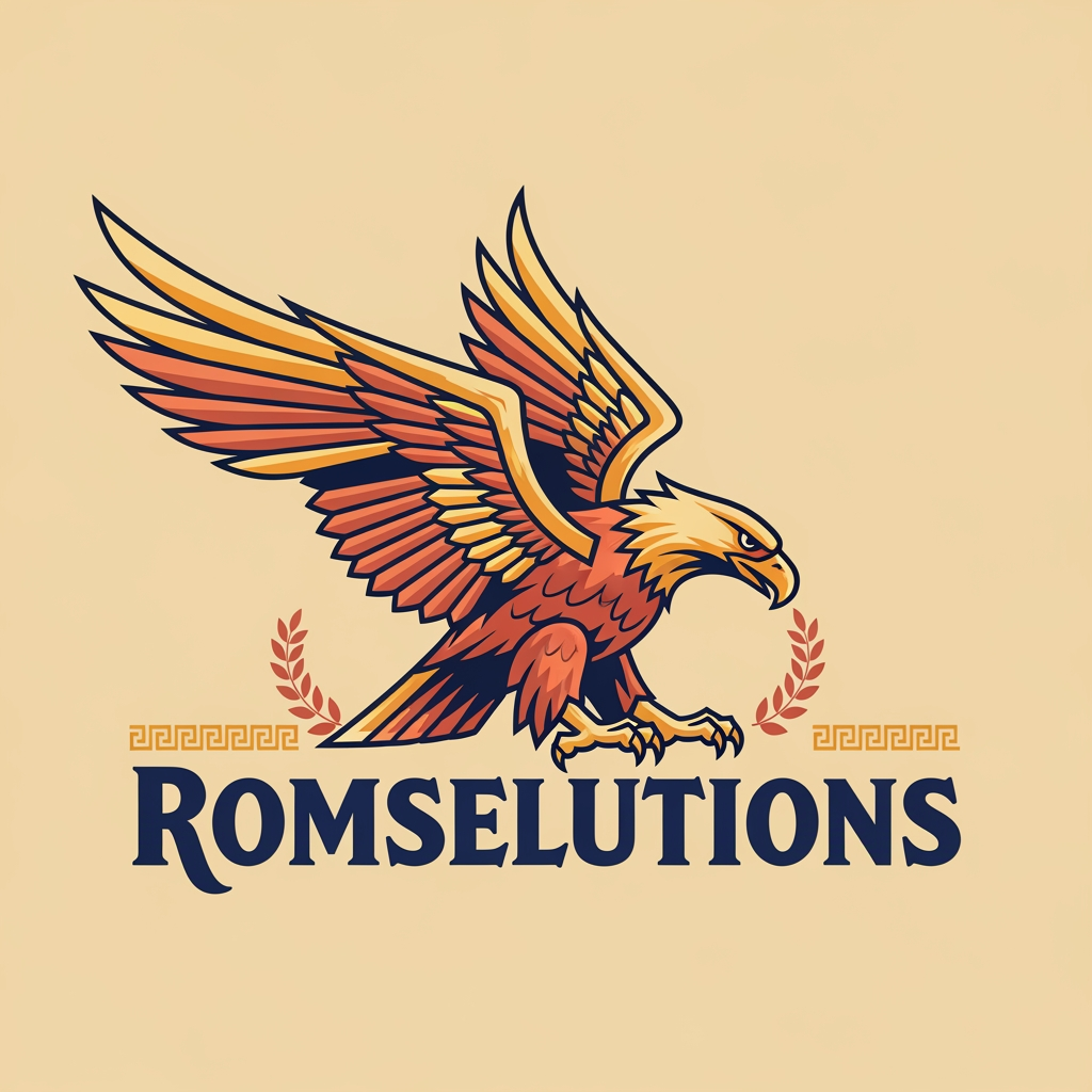 AI Design for make an logo with a mascotte and make the name romselutions make it greek design and make the mascotte a eagle