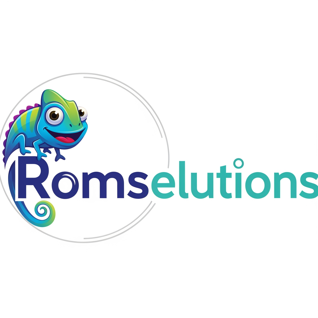 AI Design for make an logo with a mascotte and make the name romselutions