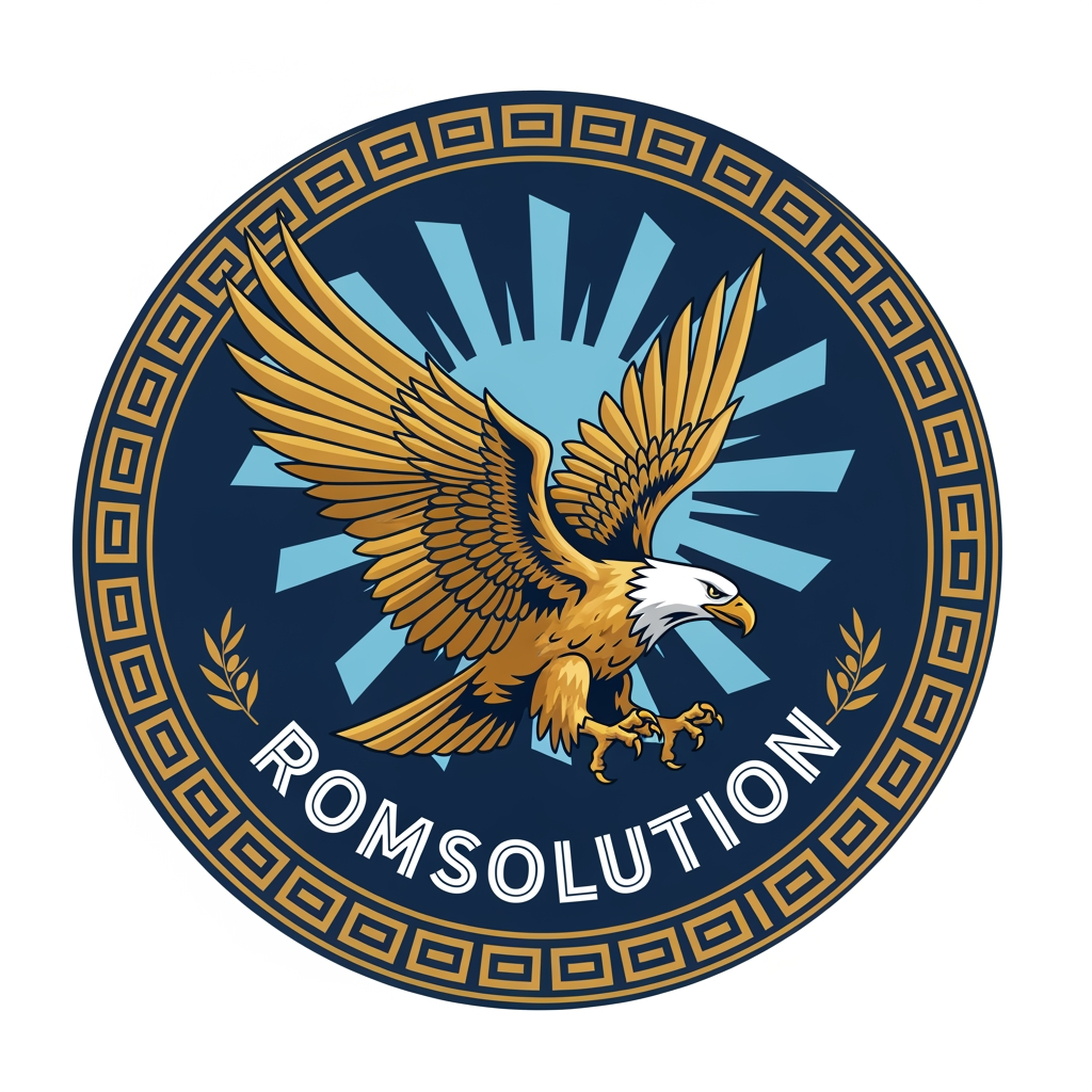 AI Design for make an logo with a mascotte and make the name romsolution make it greek design and make the mascotte a eagle
