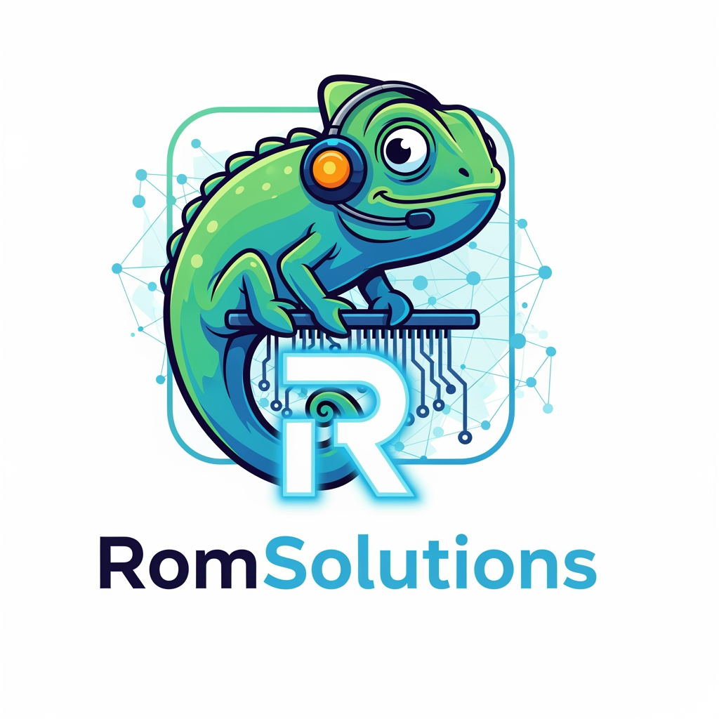 AI Design for make an logo with a mascotte and make the name romselutions