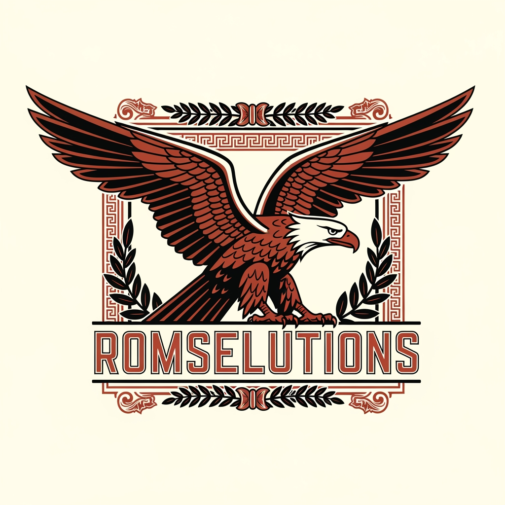 AI Design for make an logo with a mascotte and make the name romselutions make it greek design and make the mascotte a eagle