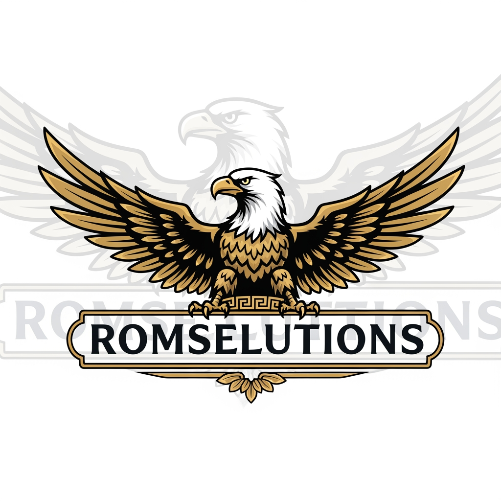 AI Design for make an logo with a mascotte and make the name romselutions make it greek design and make the mascotte a eagle