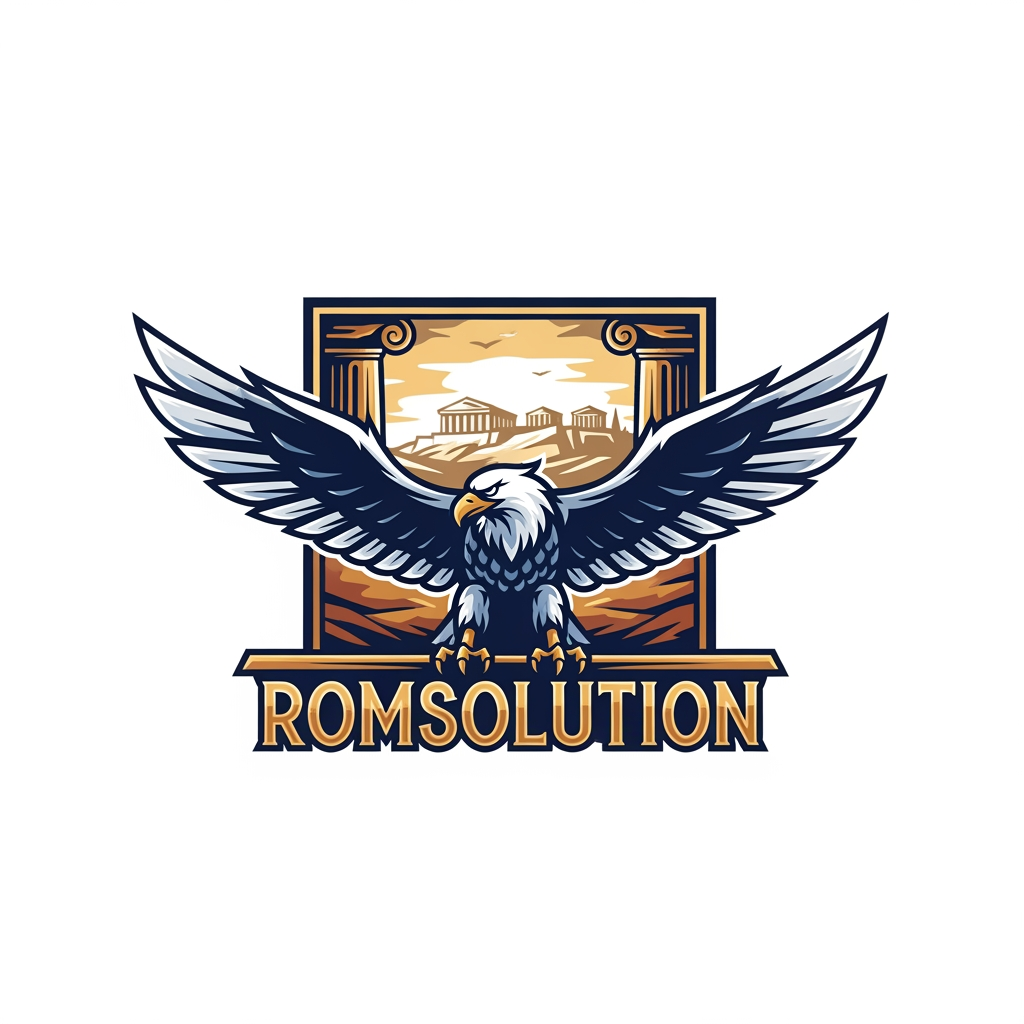 AI Design for make an logo with a mascotte and make the name romsolution make it greek design and make the mascotte a eagle