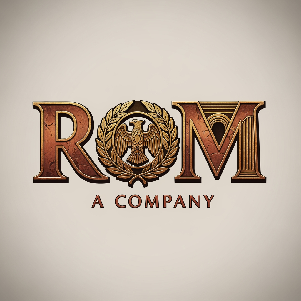 AI Design for maak een woordmerk voor een merk die rom noemt maak het romeins achtig en van een bedrijf rom