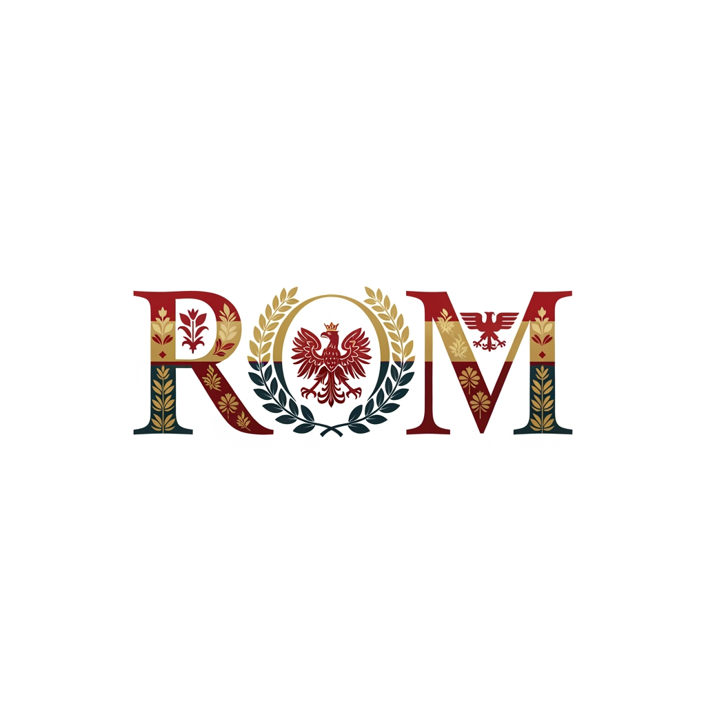 AI Design for maak een woordmerk voor een merk die rom noemt maak het romeins/pools achtig en van een bedrijf rom
