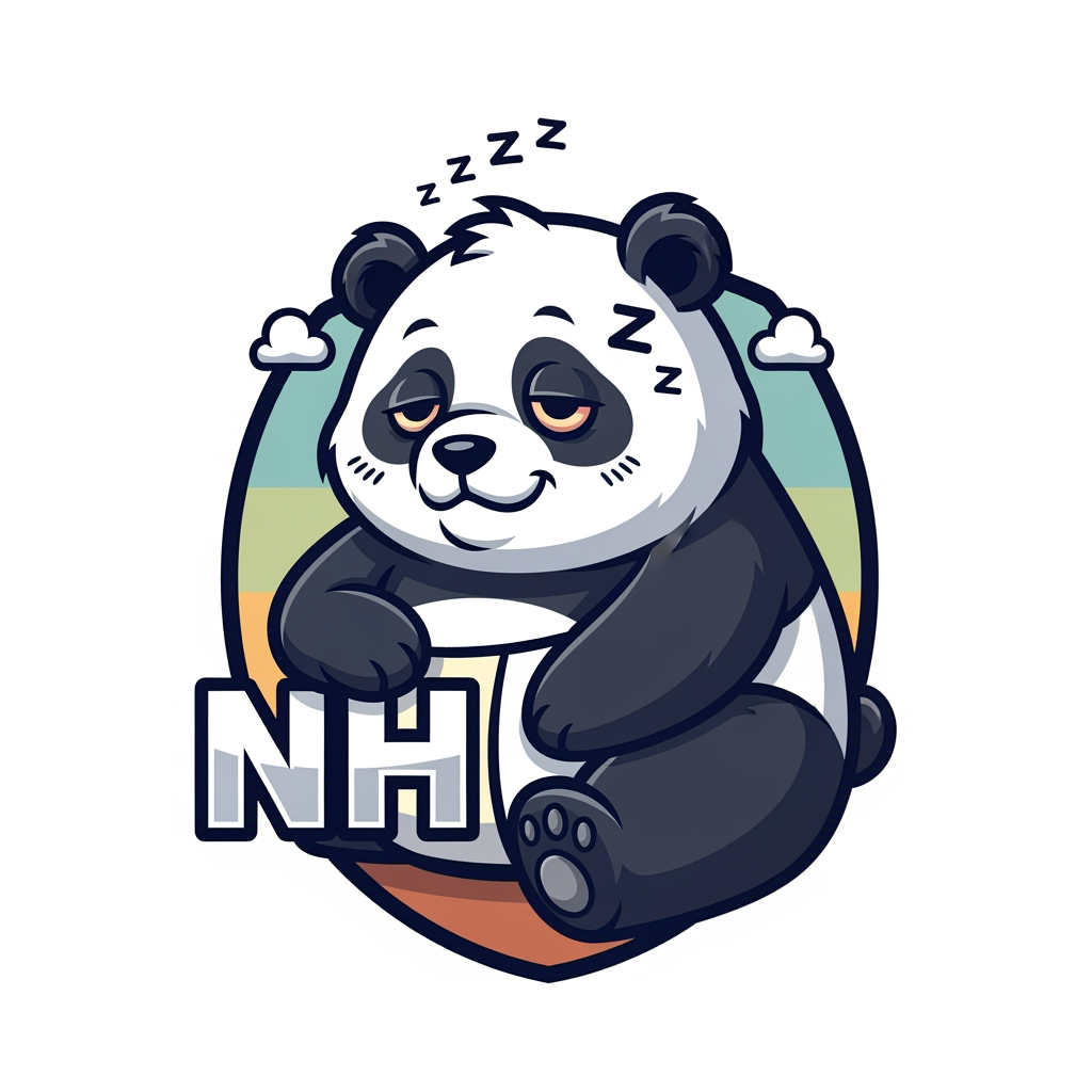 AI Design for maak een mascotte logo met een slaperige panda en als naam voor de logo NH