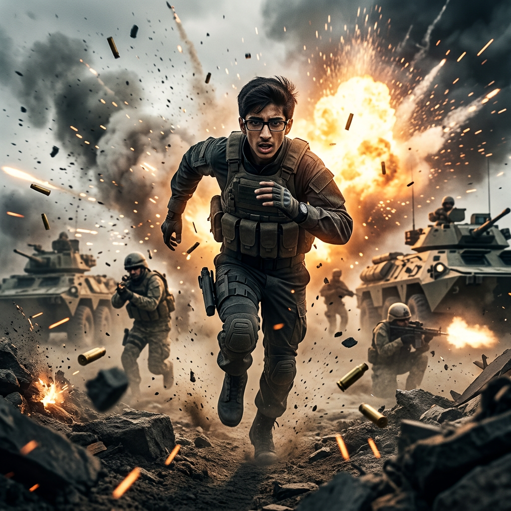 AI Design for Epic action hero running through a battlefield, dodging explosions, intense combat sequence, cinematic slow motion, realistic facial details, powerful punches, dust and sparks flying, action movie trailer, ultra realistic, dramatic lighting, 4K.