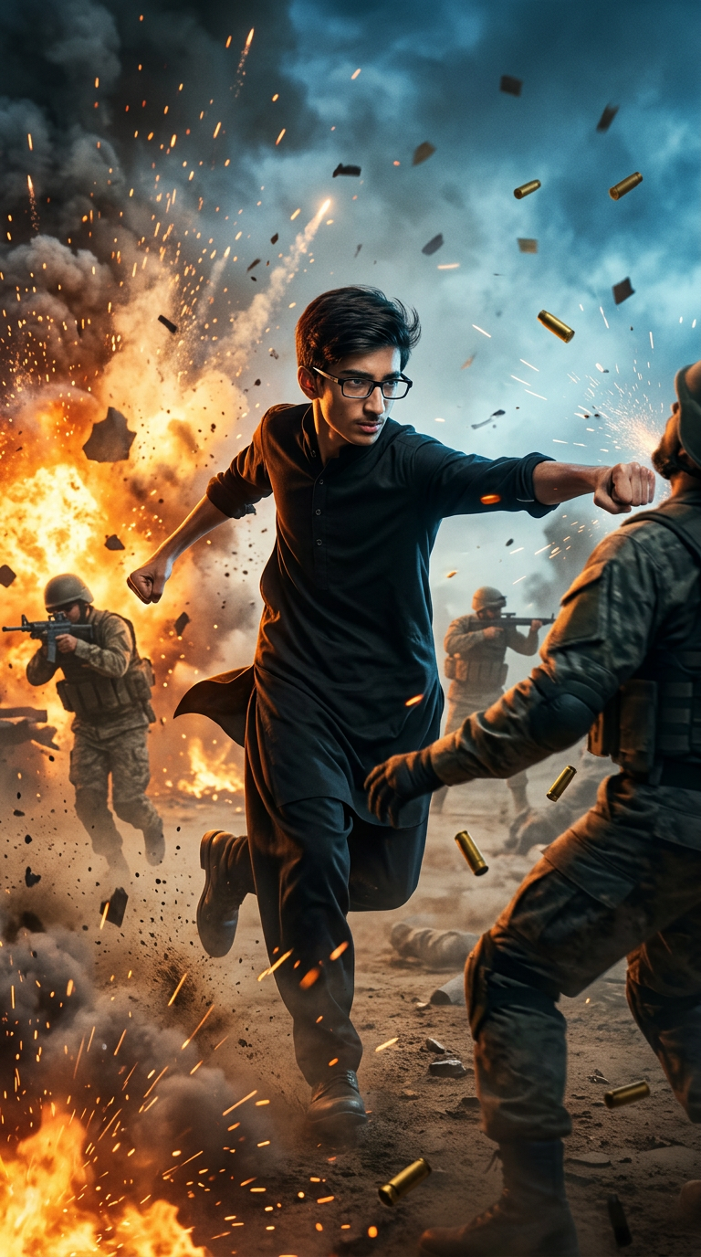 AI Design for Epic action hero running through a battlefield, dodging explosions, intense combat sequence, cinematic slow motion, realistic facial details, powerful punches, dust and sparks flying, action movie trailer, ultra realistic, dramatic lighting, 4K.