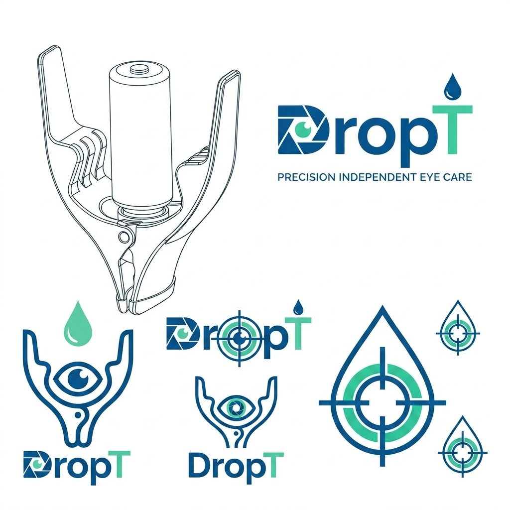 AI Design for i want a logo product name is DropT it is a eye drop assisting tool, it aligns with the eye help open eyelid and applies drop accrurately independently without anyone guide could you please curate a logo  some more idea i have inserted the product image could you curate something around it something more