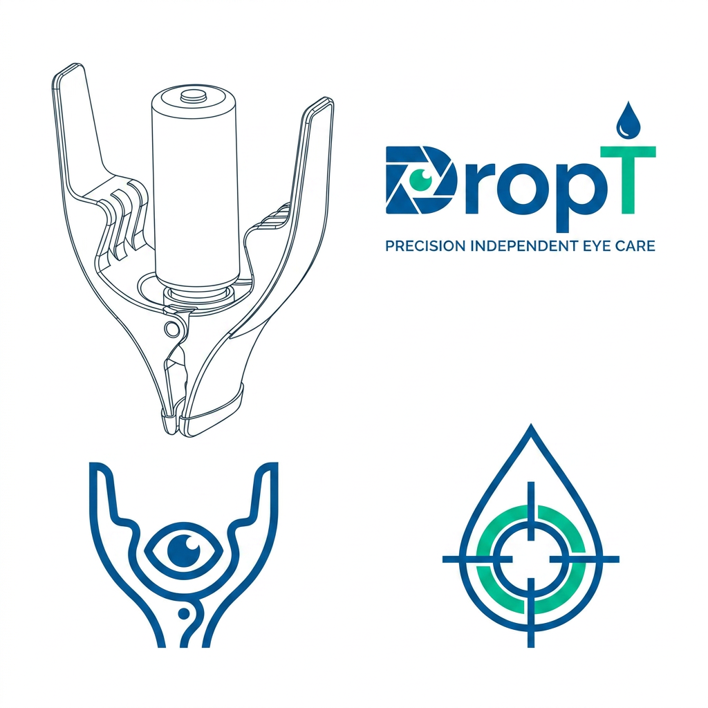 AI Design for i want a logo product name is DropT it is a eye drop assisting tool, it aligns with the eye help open eyelid and applies drop accrurately independently without anyone guide could you please curate a logo  some more idea i have inserted the product image could you curate something around it something more