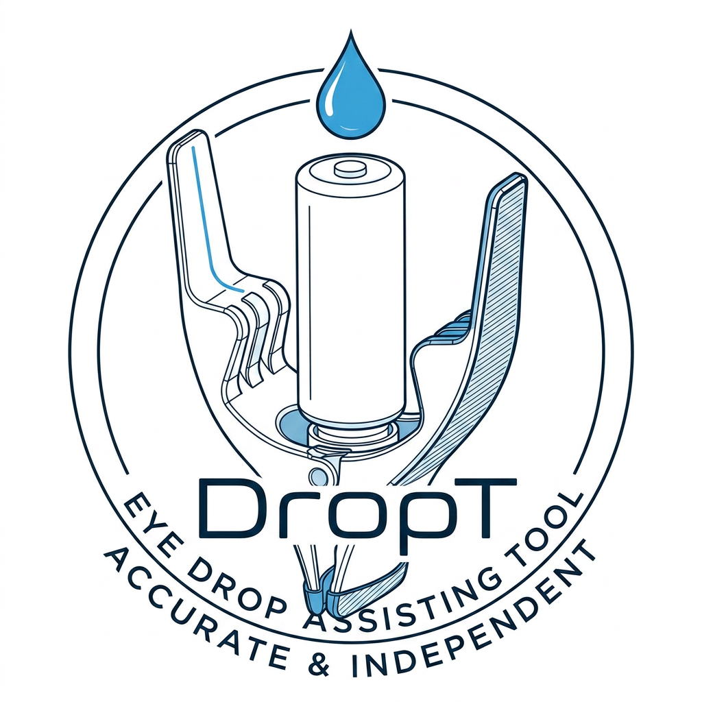 AI Design for i want a logo product name is DropT it is a eye drop assisting tool, it aligns with the eye help open eyelid and applies drop accrurately independently without anyone guide could you please curate a logo  some more idea i have inserted the product image could you curate something around it